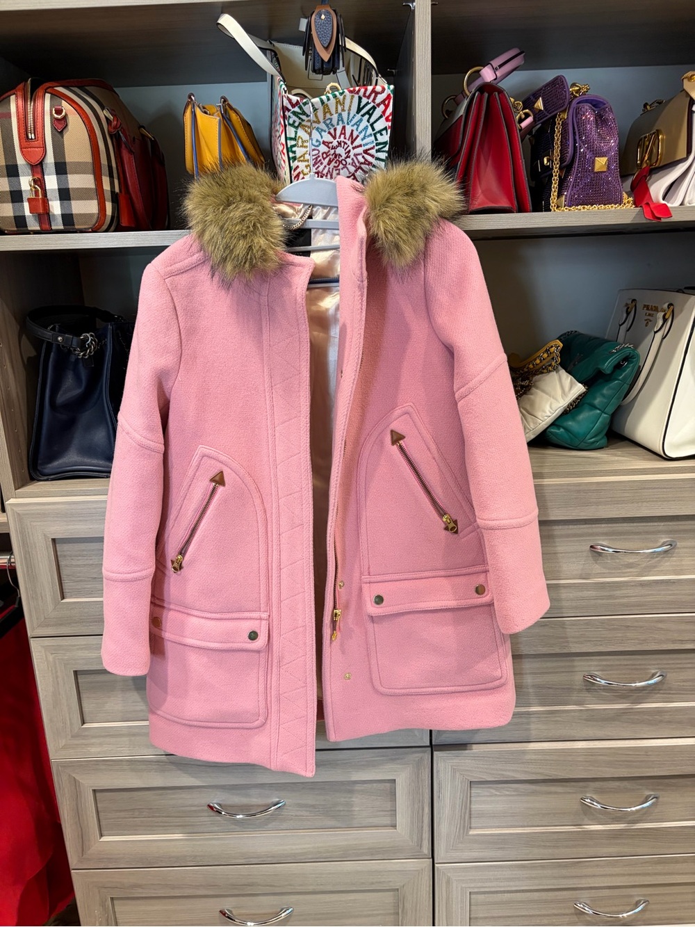 J. Crew Pink Wool Coat with Faux Fur Trim